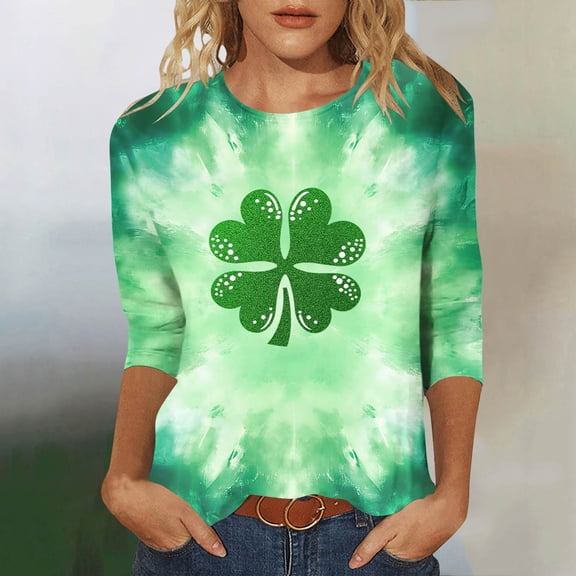 Xuyuer Ladies' Loose Casual St. Patrick's Day Printed Round Neck Three Quarter Sleeve T-Shirt, 3/4 Sleeve Graphic Top for Holiday Festivals, Irish Themed Parties and Seasonal Celebration
