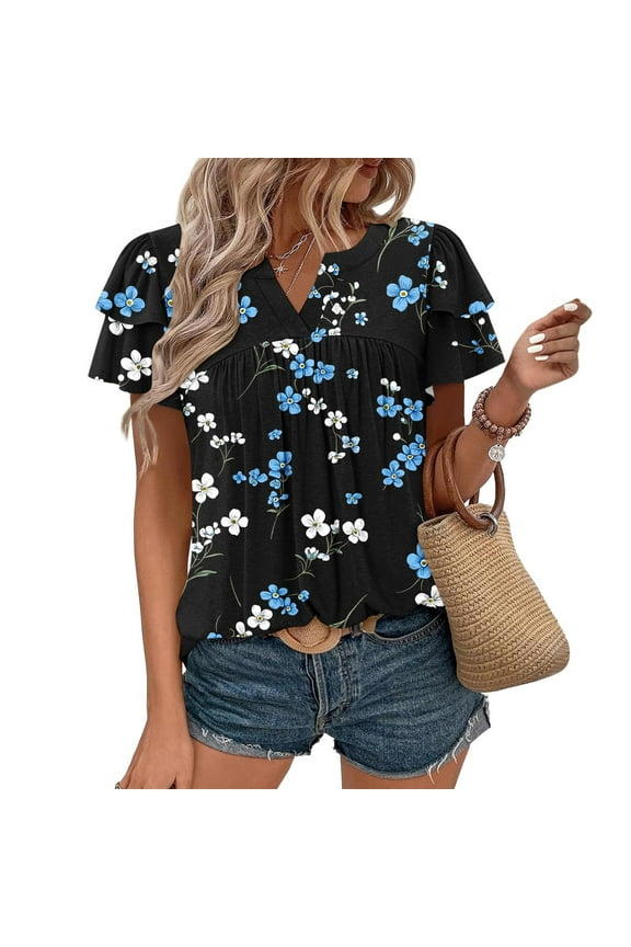 Ladies' Spring Summer Casual Pleated Puff Sleeve V-Neck Short Sleeve Shirt - Soft and breathable for seasonal wear, daily outfits, and nature-inspired style