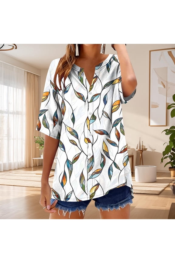 Linen-Look Printed V-Neck 3/4 Sleeve Shirt - Women's Roll-Tab Sleeve Blouse for Coastal Weekend Getaways, Art Gallery Openings, and Effortlessly Tailored Bohemian Chic Top