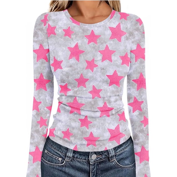 Xuyuer Long Sleeve Thermal Shirt for Women Light Tops Spring Summer 2026 Crew Neck Casual Non Positioning Printing Slim Tight Fitting Basic T-Shirts