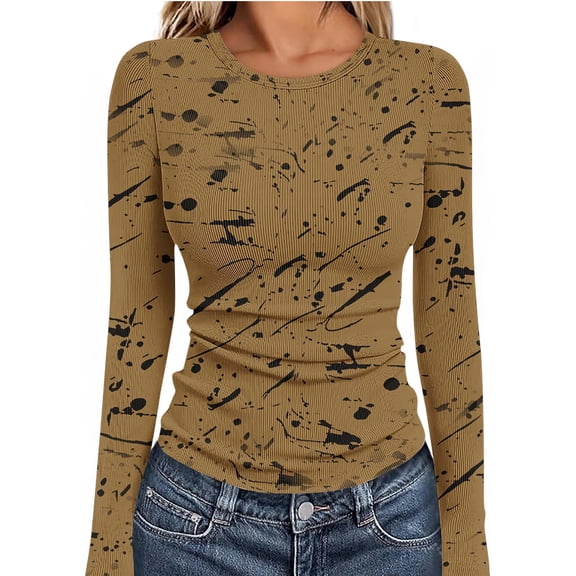 Xuyuer Long Sleeve Tops for Women Round Neck Floral Blouse Layering Fitted Going Out Top
