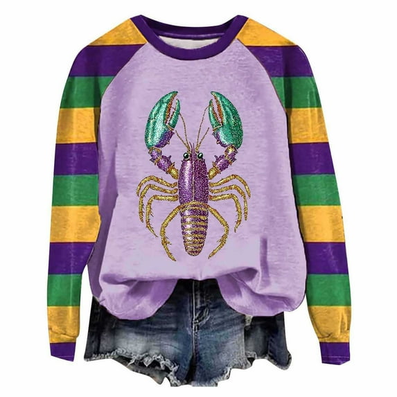 Xuyuer Mardi Gras Shirts for Women Carnival Fat Tuesday Shirt New Orleans Party Mardi Gras Outfit Gifts Tee Top Fashion Mardi Gras Outfits Long Sleeve Shirts Pullover Tops Daily Crewneck Blouse
