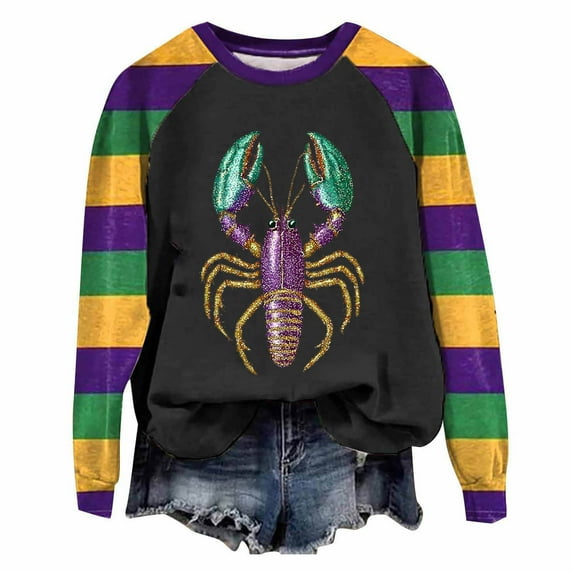 Xuyuer Mardi Gras Shirts for Women Carnival Fat Tuesday Shirt New Orleans Party Mardi Gras Outfit Gifts Tee Top Fashion Mardi Gras Outfits Long Sleeve Shirts Pullover Tops Daily Crewneck Blouse