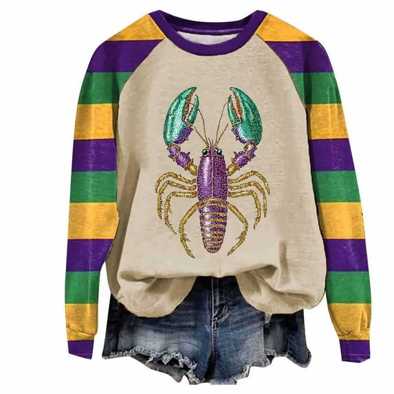 Xuyuer Mardi Gras Shirts for Women Carnival Fat Tuesday Shirt New Orleans Party Mardi Gras Outfit Gifts Tee Top Fashion Mardi Gras Outfits Long Sleeve Shirts Pullover Tops Daily Crewneck Blouse