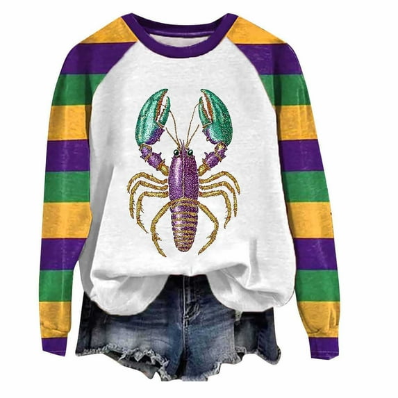 Xuyuer Mardi Gras Shirts for Women Carnival Fat Tuesday Shirt New Orleans Party Mardi Gras Outfit Gifts Tee Top Fashion Mardi Gras Outfits Long Sleeve Shirts Pullover Tops Daily Crewneck Blouse