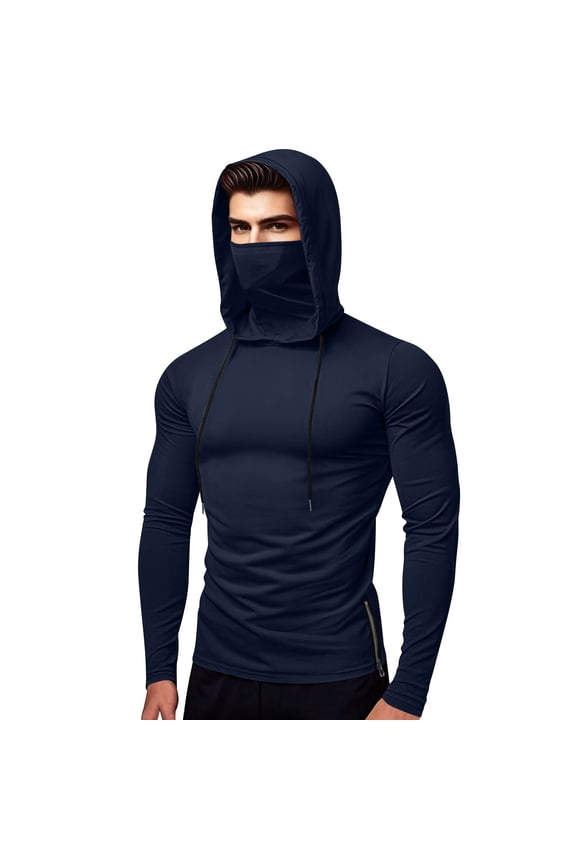Men's Compression Hoddie with Face Mask Sweatshirt Long Sleeve Thermal Base Layer Top Active Running Pullover