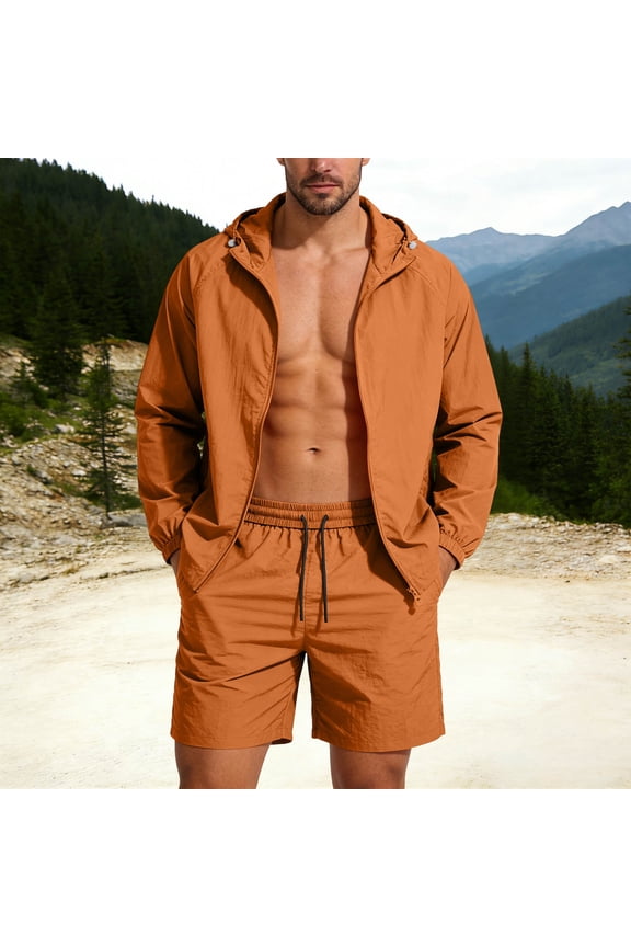 Men's Sunshineproof Windbreaker Set Jacket - Adjustable Hooded Quick Drying Softshell with Shorts for Outdoor Hiking