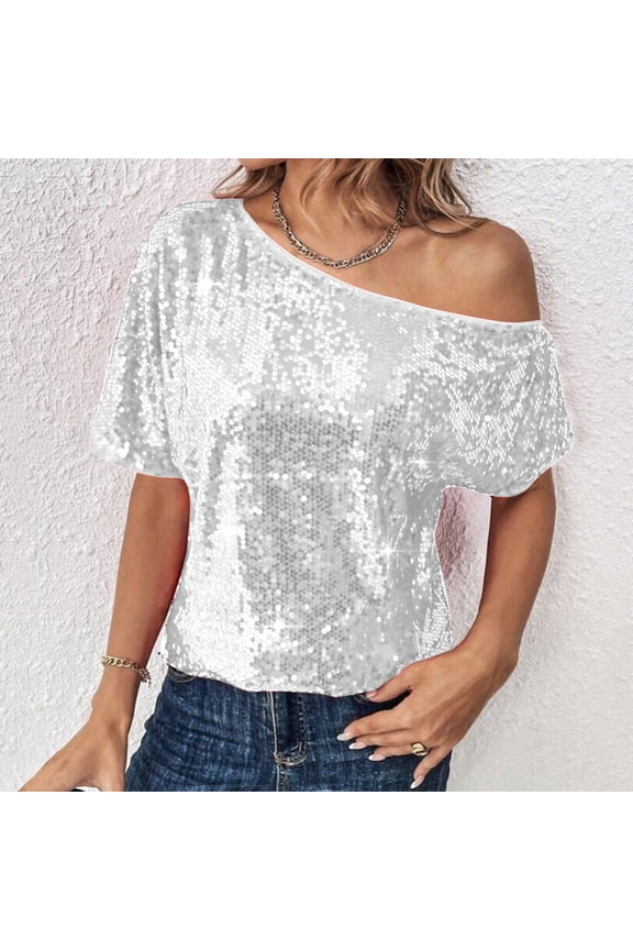 One Shoulder Sequin Sparkly Tops for Women Ruched Asymmetrical Glitter Tops Slimming Sparkle Party Shirts Glitter Loose Asymmetrical Short Sleeve Cocktail Party T-Shirts