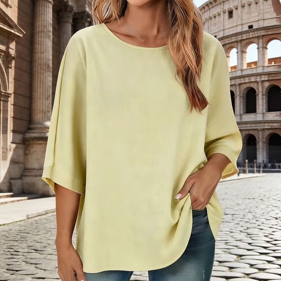 Xuyuer Oversized Tshirts for Women Crew Neck Half Sleeve Tops Summer Loose Elbow Length Tee Shirts Business Casual Blouses
