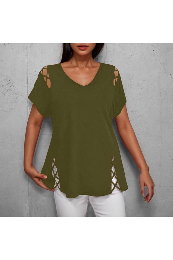 Plus Size V-Neck Hollow Out Blouse - Women's Short Sleeve Solid Color Casual Fashion Shirt for Summer Garden Parties, Breezy Office Wear, and Breathable Curvy-Friendly Layering