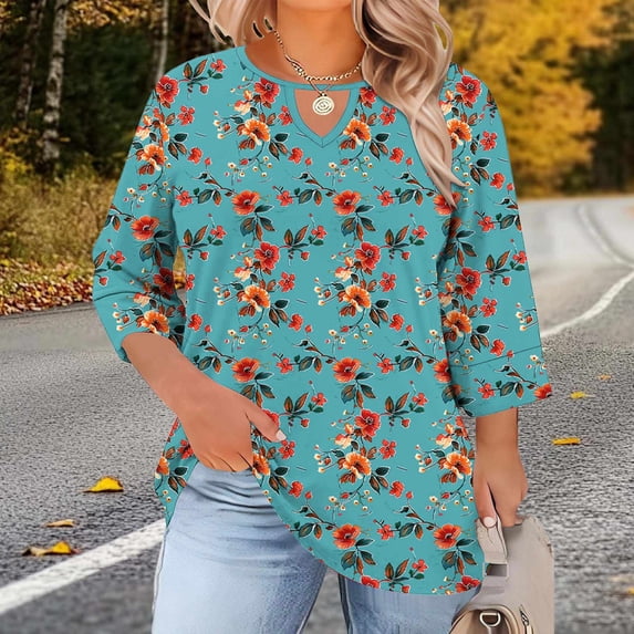 Xuyuer Plus Size Womens Clothing 3/4 Length Sleeve Womens Tops Hollow Out Crewneck Spring Shirts Summer 2026 (1X-5X)