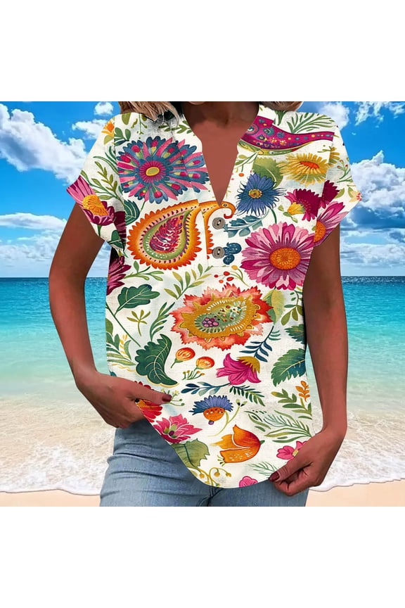 Printed V-Neck Button Detail Short Sleeve Top - Women's Casual Home Wear Blouse for Cozy Lounging, Casual Work-From-Home Outfits, Quick Errand Runs