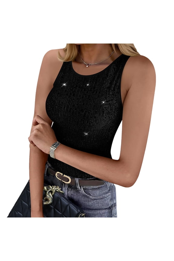 Sequin Tops for Women Sleeveless Sparkle Shimmer Tank Tops Glitter Disco Party Camisole Vest Top Blouse Shirt Women Casual Sequin Sparkle Tank Tops Fashion Round Neck Camisole Vest