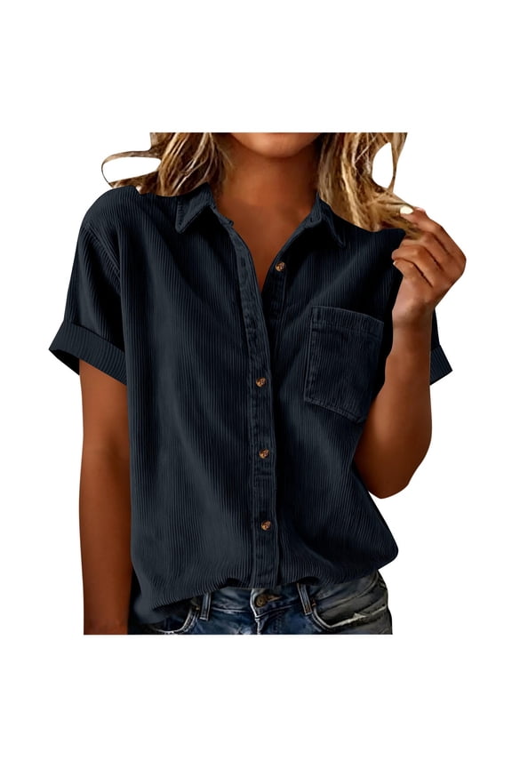 Shackets for Women Fashion Summer Outfits Corduroy Shirts with Pockets Casual Short Sleeve Button Down Blouse Tops