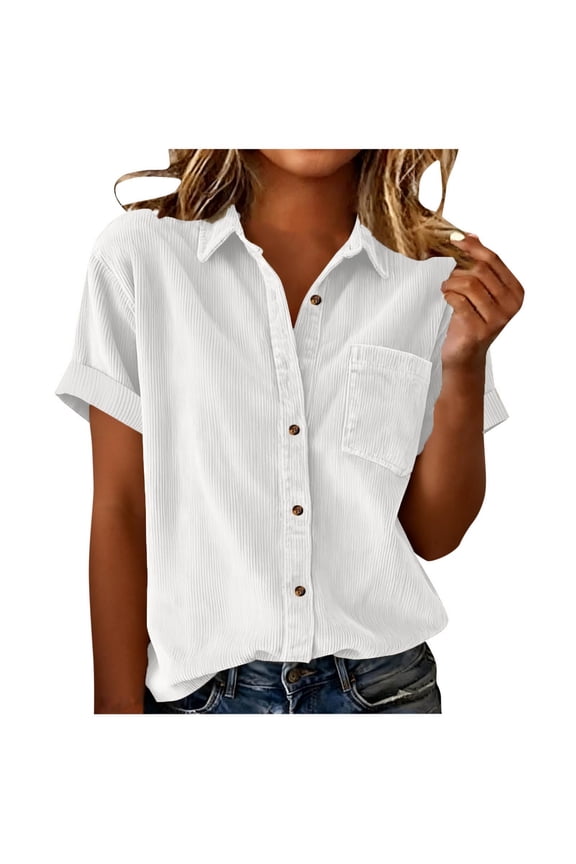 Shackets for Women Fashion Summer Outfits Corduroy Shirts with Pockets Casual Short Sleeve Button Down Blouse Tops