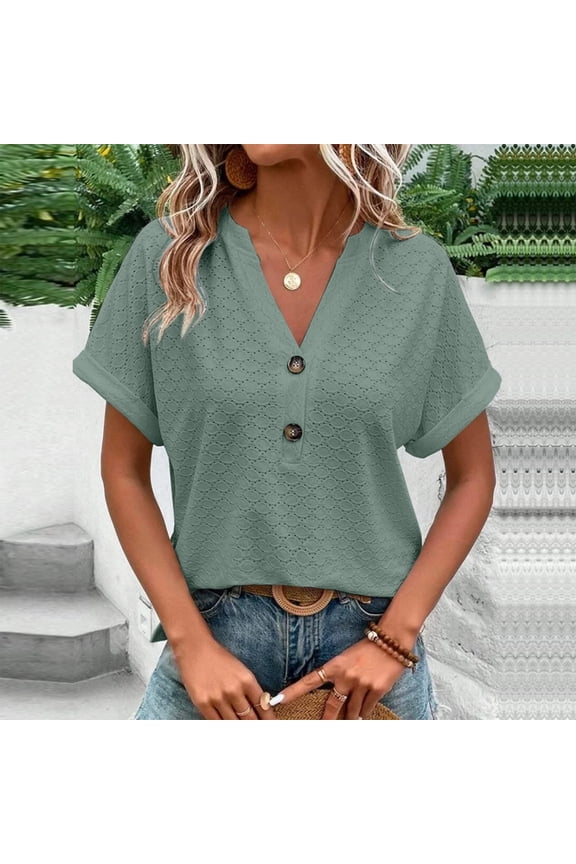 Solid Button V-Neck Short Sleeve T-Shirt - Women's Fashion Casual Top for Everyday Smart Style, Weekend Outings, Versatile Layering Options, and Effortless Minimalist Wardrobe Updates