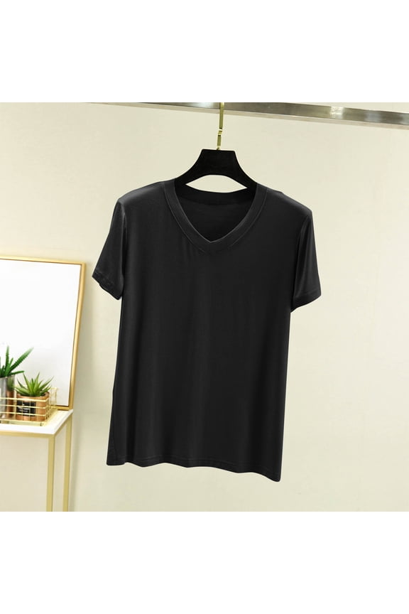 Solid V-Neck Short Sleeve Summer Blouse - Fashion Women's Casual Loose Shirt for Office Smart Attire, Weekend Brunches, Effortless Travel Wear