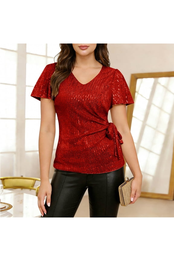Spring Shirts for Womens Full Sequin Wrap Solid Loose Glitter Sparkle Shimmer Tunic Blouses Short Sleeve V-Neck Summer Tops Party