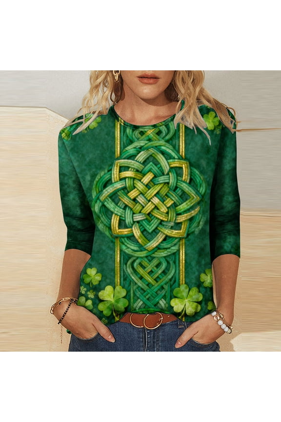 St. Patrick's Day 3/4 Sleeve Blouse - Ladies' 3/4 Sleeve Printed Round Neck Top for Irish Dance Festivals, Celtic-Themed Celebrations, Folk Style Festival Wear & Clover Embellished Apparel