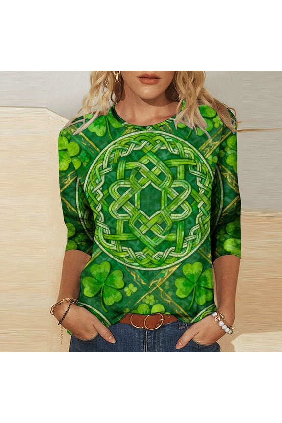 St. Patrick's Day 3/4 Sleeve Blouse - Ladies' 3/4 Sleeve Printed Round Neck Top for Irish Dance Festivals, Celtic-Themed Celebrations, Folk Style Festival Wear & Clover Embellished Apparel