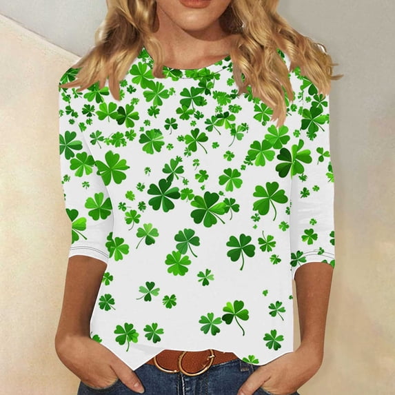 Xuyuer St. Patrick's Day Womens Fashion 3/4 Sleeve Round Neck Casual Cute T Shirts Shamrock Printed Graphic Tunic Blouses Tee Casua Basic Business Work Tops