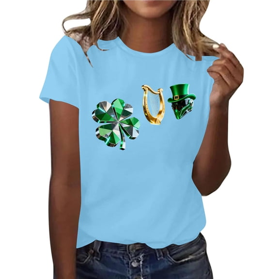 Xuyuer St. Patrick's Luck-Themed Short Sleeve Tee - Ladies' Casual Fashion Round Neck Top for Shamrock, Irish Nights, Green Festive Weekend Style & Clover Print Day-to-Night Wear