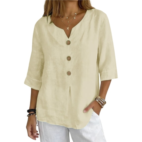Xuyuer Summer Shirts for Women Button Down V Neck 3/4 Sleeve T-Shirt Blouse Casual Loose Basic Solid Tunic Tops 2026