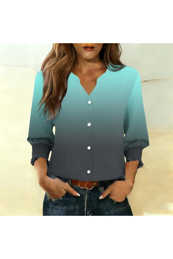 Summer Shirts for Women Casual Loose Fitted Gingham Plaid Striped Tops V Neck Puff 3/4 Sleeve Button Down Blouse