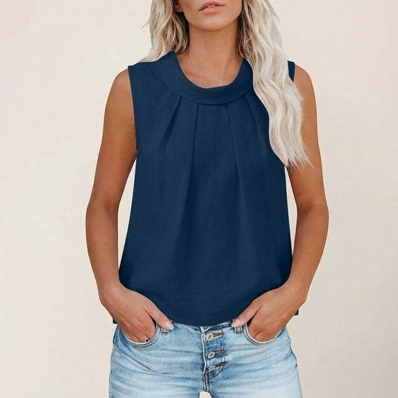 Xuyuer Summer Tank Top for Women Dressy Solid Color Flowy Pleated Loose Fit Tops Backless Tunic Round Neck Sleeveless Shirts 2026