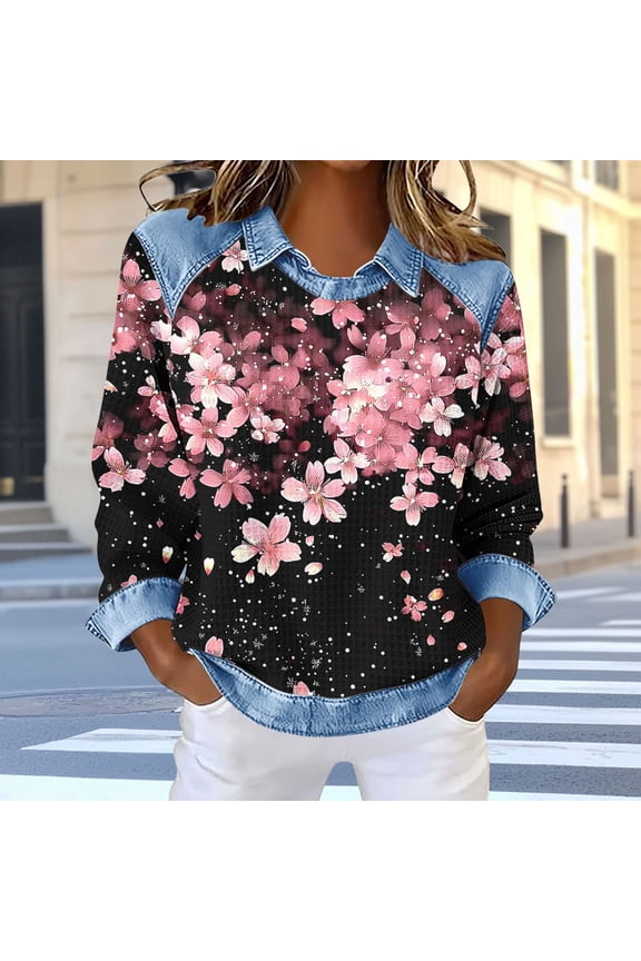 Sweatshirt for Women Waffle Knit Color Block Lapel Crewneck Long Sleeve Casual High Low Pullover Sweatshirts Tops