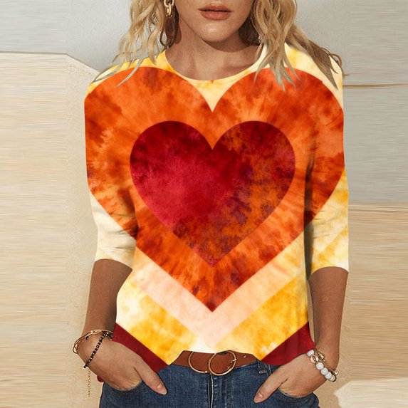 Xuyuer Valentine's Day 3/4 Sleeve Tee - Ladies' 3/4 Sleeve Printed T-Shirt for Romantic Date Nights, Love-Themed Photo Shoots, Unique Heart Pattern Statement Wear & Couples' Matching Style