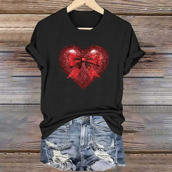 Xuyuer Valentine's Day Women's Graphic Cute Bow Tees Casual Print Round Neck T Shirt Summer Short Sleeve Trendy Tops Dressy Aesthetic T-Shirt Aesthetic Tee Tops Pink Bow Girly Tee