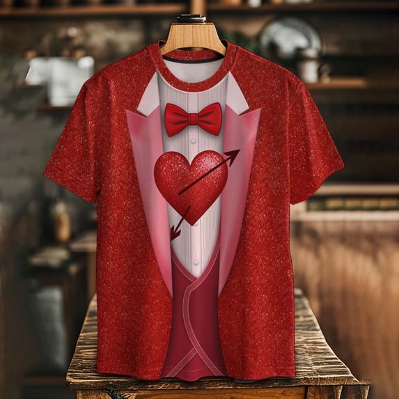 Xuyuer Valentine's Day Women's Tshirts Holiday Party Funny Costume 3D Print Funny Tuxedo Graphic Novelty Short Sleeve Crewneck Shirt Circus Costume Showman T-Shirts