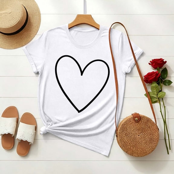 Xuyuer Valentine's day Women's Printed Round Neck Short Sleeve T-Shirt, Cute Pattern Top for Casual Outfits, Fashion Ladies Tee