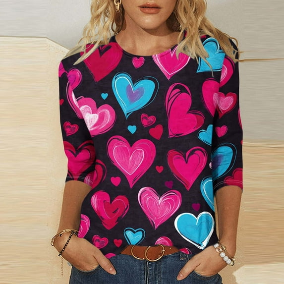 Xuyuer Valentines Day Lightweight Heart Pattern Tunic Spring Summer Shirts T-Shirts Graphic Tee Tops Womens Casual 3/4 Sleeve Shirts Dressy Round Neck Tops Fashion