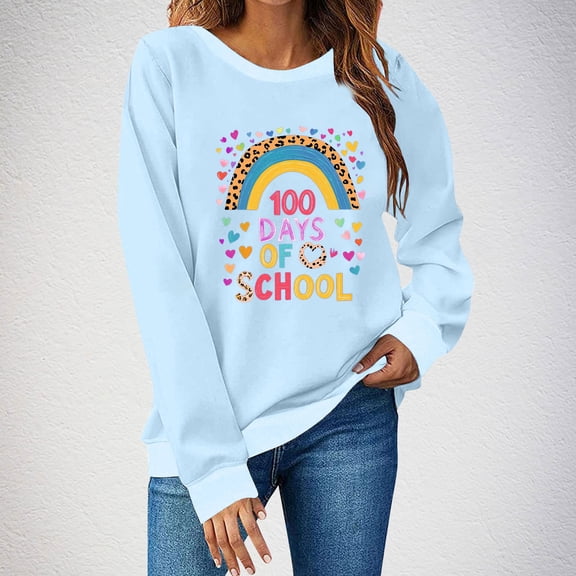 Xuyuer Women 100 Days of School Sweatshirt: Funny Teacher Shirts School Teaching Long Sleeves Teachers Gifts Tops Teacher Graphic T-Shirts School Days Tee Tops