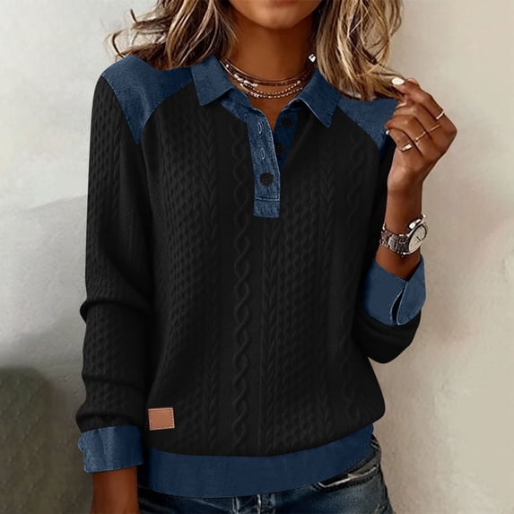 Xuyuer Women Button Down Denim Shirts Casual Long Sleeve V Neck Chambray Blouse Top Dressy Casual Work Shacket V Neck Lightweight Tops Lapel Denim Patchwork Stitching Bottun Tops