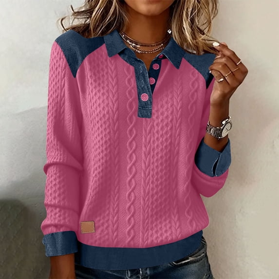 Xuyuer Women Button Down Denim Shirts Casual Long Sleeve V Neck Chambray Blouse Top Dressy Casual Work Shacket V Neck Lightweight Tops Lapel Denim Patchwork Stitching Bottun Tops