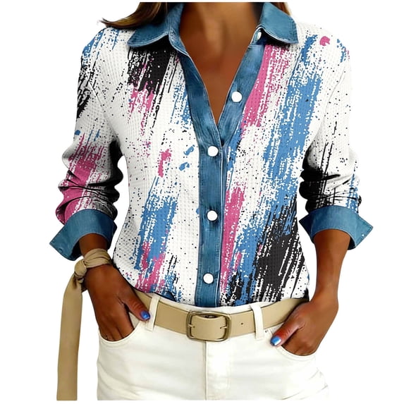 Xuyuer Women Button Down Shirts Long Sleeve Lapel Stain Shield Dress Shirts Slim Dots fit Work Blouses Office Business Tops