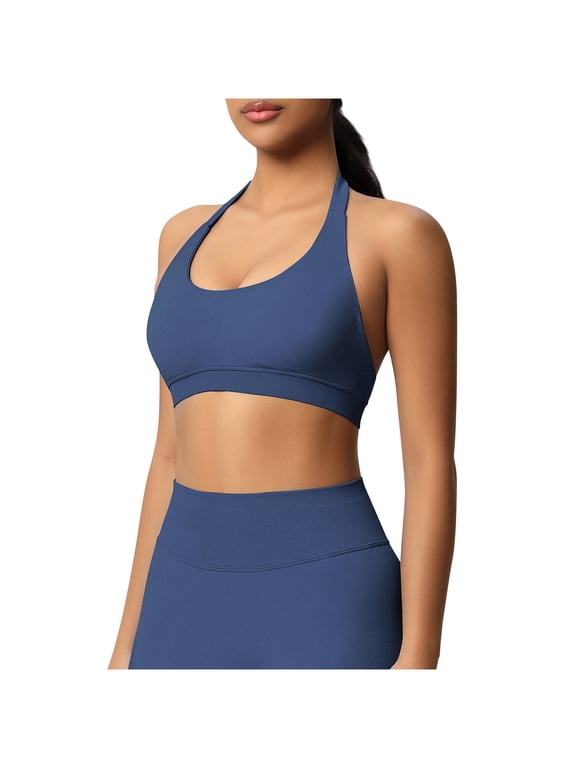 Women Halter Sports Bra Workout Seamless Padded Basic Bra Open Back Yoga Gym Crop Top