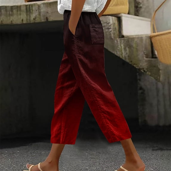 Xuyuer Women Linen Pants Summer Casual Drawstring Elastic Waist Pants Lightweight Capris Beachwear
