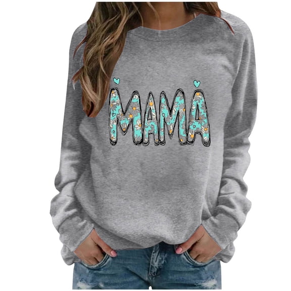 Xuyuer Women Long Sleeve Mama Sweatshirts Oversized Crewneck Pullover Hoodless Casual Knit Graphic Mom Tops