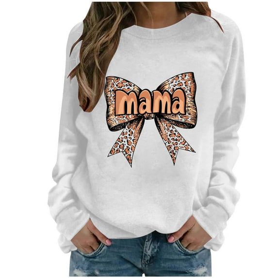 Xuyuer Women Long Sleeve Mama Sweatshirts Oversized Crewneck Pullover Hoodless Casual Knit Graphic Mom Tops