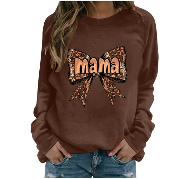 Xuyuer Women Long Sleeve Mama Sweatshirts Oversized Crewneck Pullover Hoodless Casual Knit Graphic Mom Tops