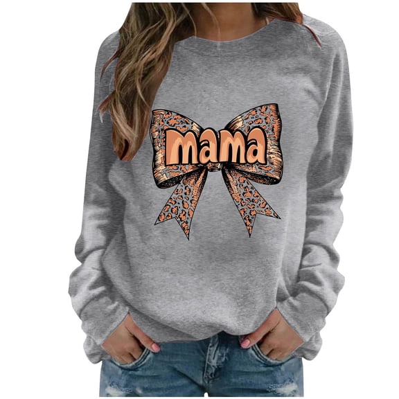 Xuyuer Women Long Sleeve Mama Sweatshirts Oversized Crewneck Pullover Hoodless Casual Knit Graphic Mom Tops