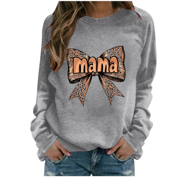 Xuyuer Women Long Sleeve Mama Sweatshirts Oversized Crewneck Pullover Hoodless Casual Knit Graphic Mom Tops