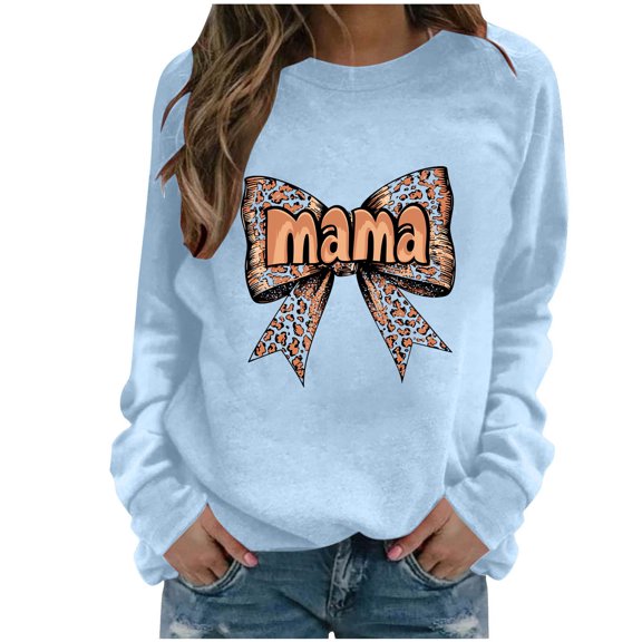 Xuyuer Women Long Sleeve Mama Sweatshirts Oversized Crewneck Pullover Hoodless Casual Knit Graphic Mom Tops