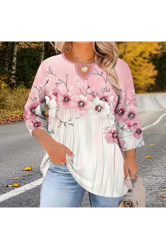 Women Plus Size Tops 3/4 Length Sleeve Womens Tops Hollow Out Crewneck Spring Shirts Summer 2026 (1X-5X)
