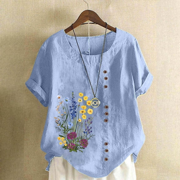 Xuyuer Women Tops Causal Summer Short Sleeve Oversized T Shirts Loose Blouses Fashion Round-Neck Comfy Women Tunic Tee Shirts Tops Loose Fit Regular Blouse