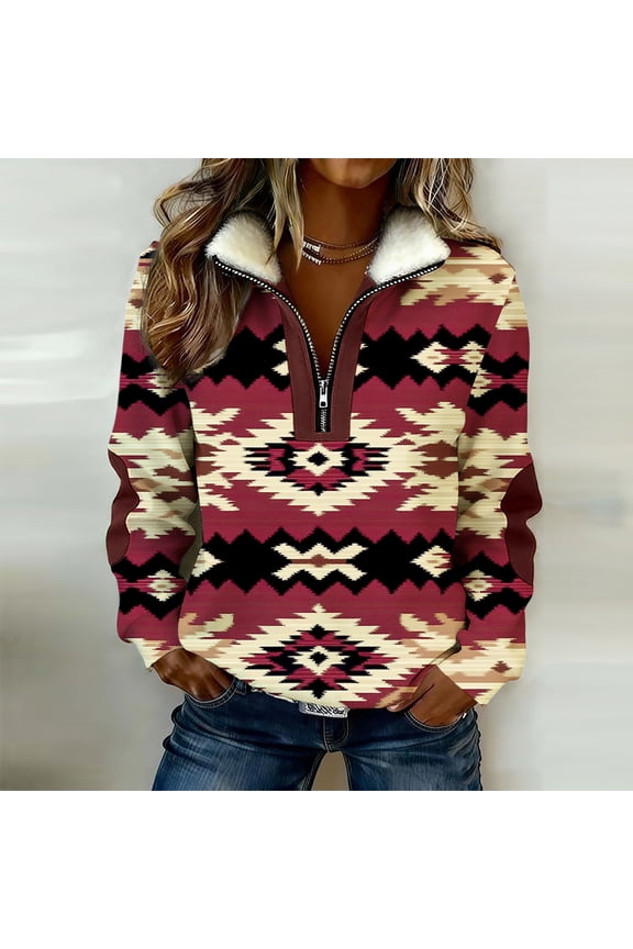 Women's 2026 Casual Aztec Cow Print Zipper Collar Pullover Sweatshirt Western Cowgirl Ethnic Style Blouse